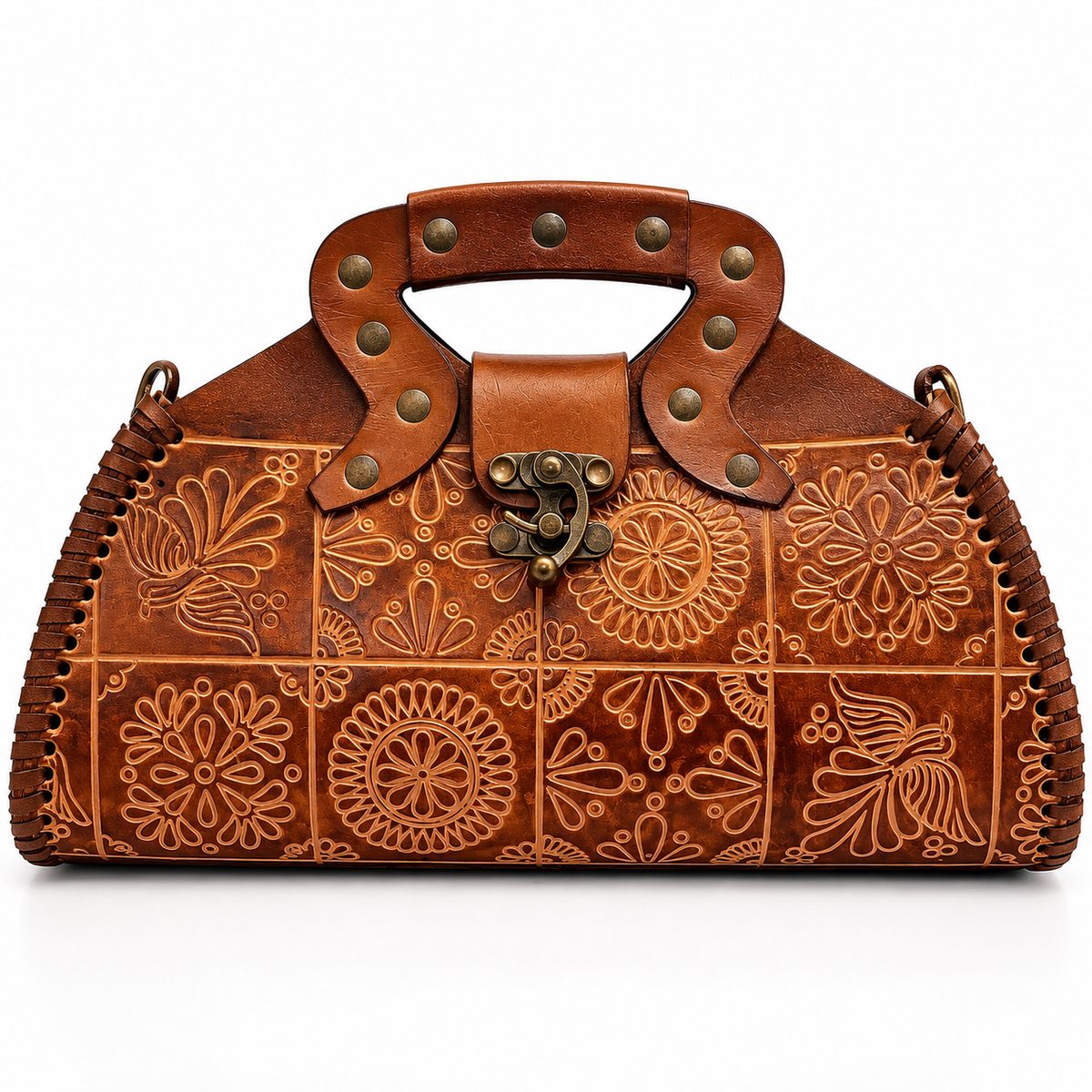 Handcrafted Tooled Leather Handbag – Floral Embossed Satchel with Long Shoulder Strap