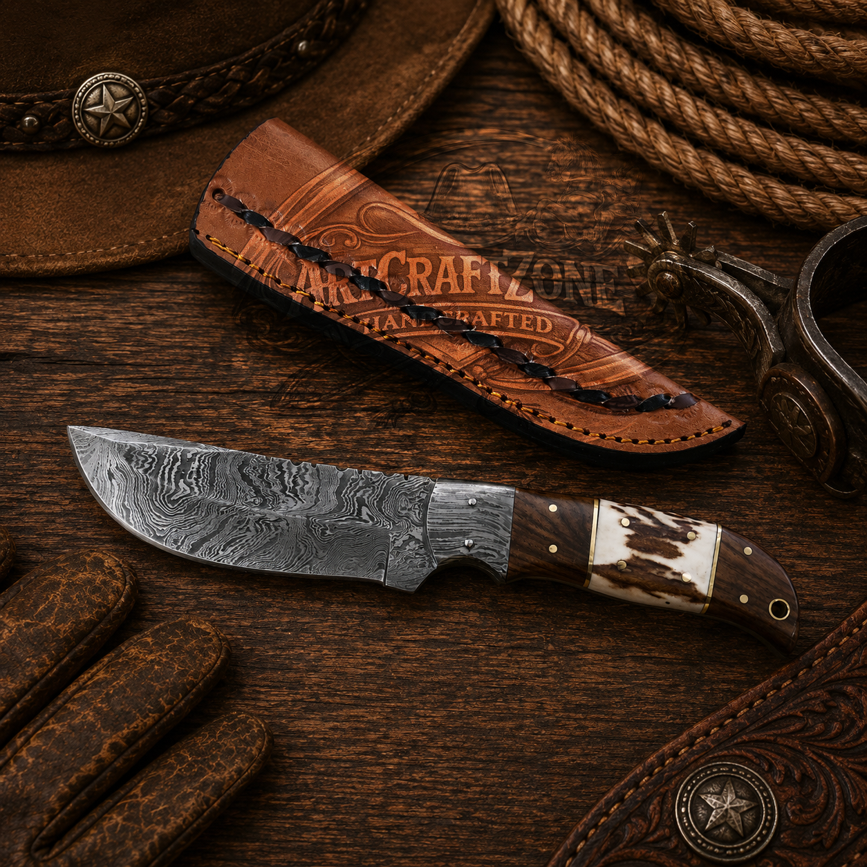 9" Handcrafted Damascus Steel Field Tool Ironwood & Deer Horn Handle - Leather Sheath