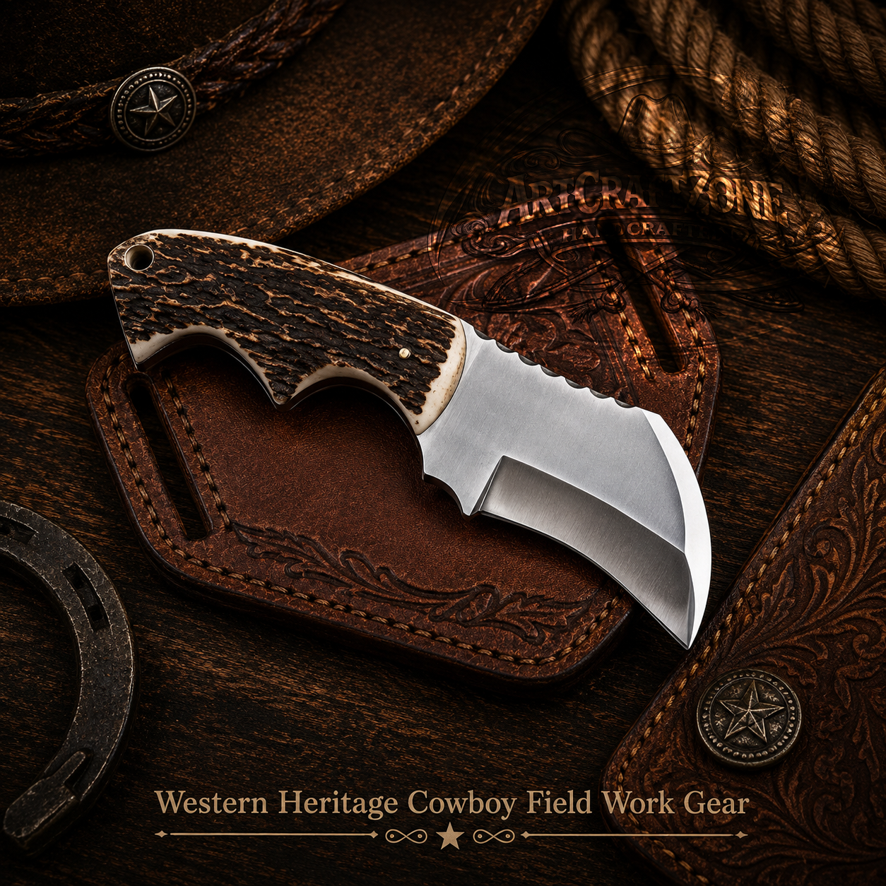 Handcrafted 7" Bull Cutter 1095 Steel Western Cowboy Field Work Tool with Leather Sheath