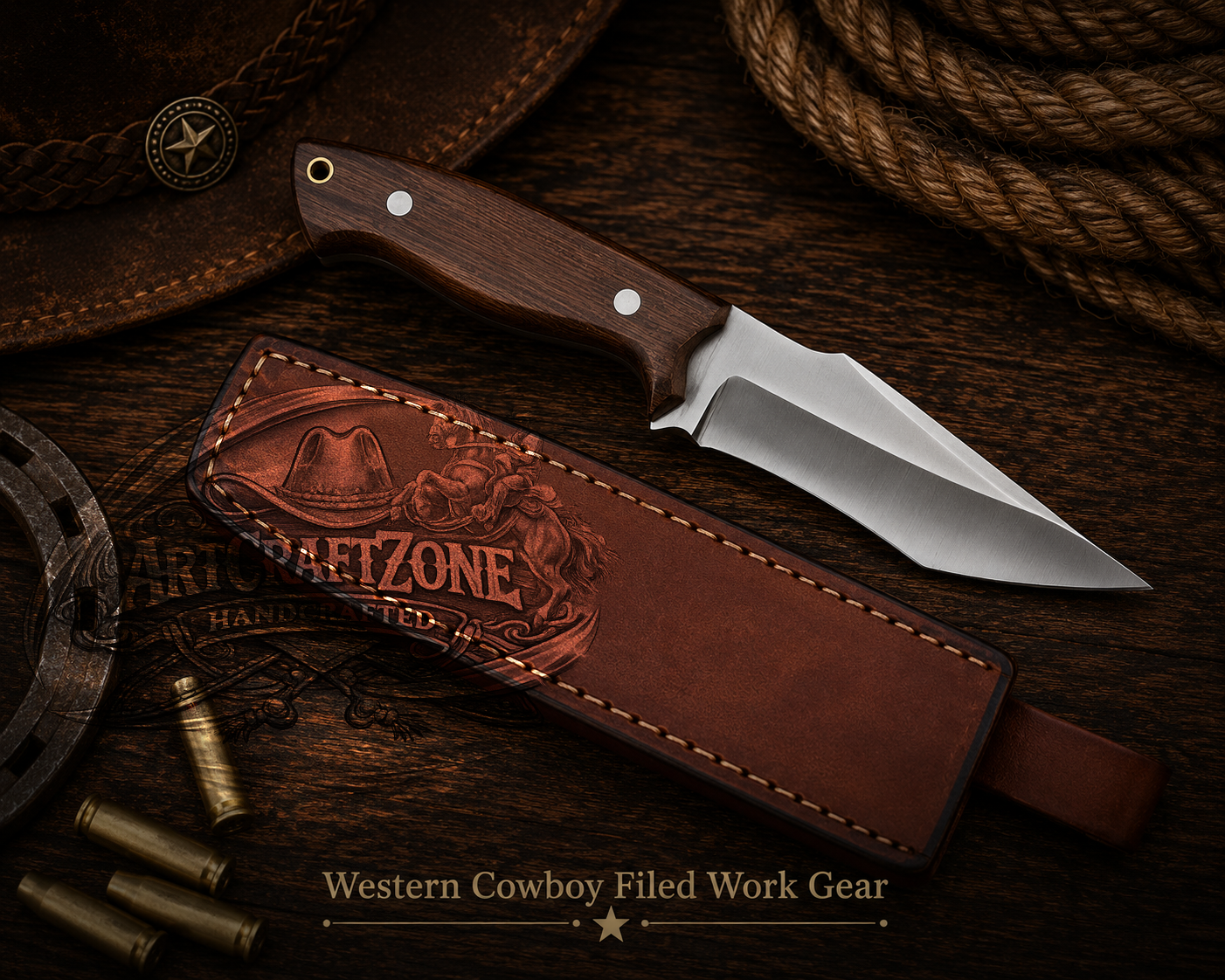 Handcrafted 8" Western Cowboy Field Work Tool with Leather Sheath