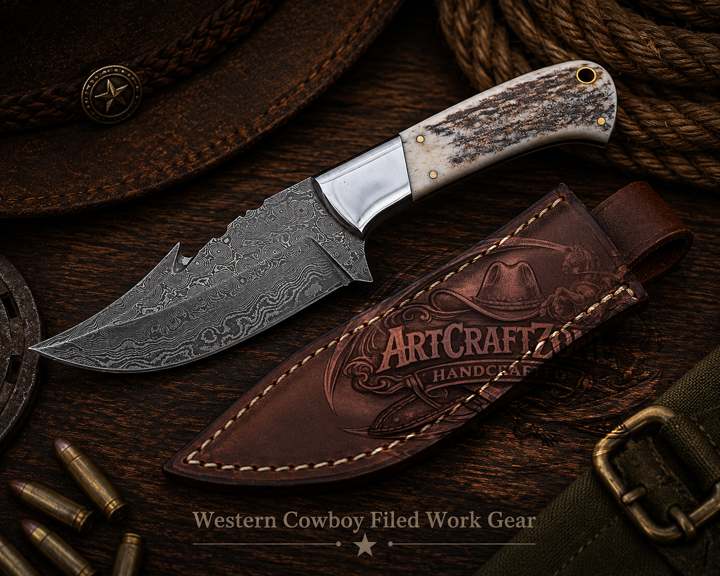 Handcrafted 8.5" Premium Damascus Raindrop Pattern Western Cowboy Field Work Tool with Leather Sheath