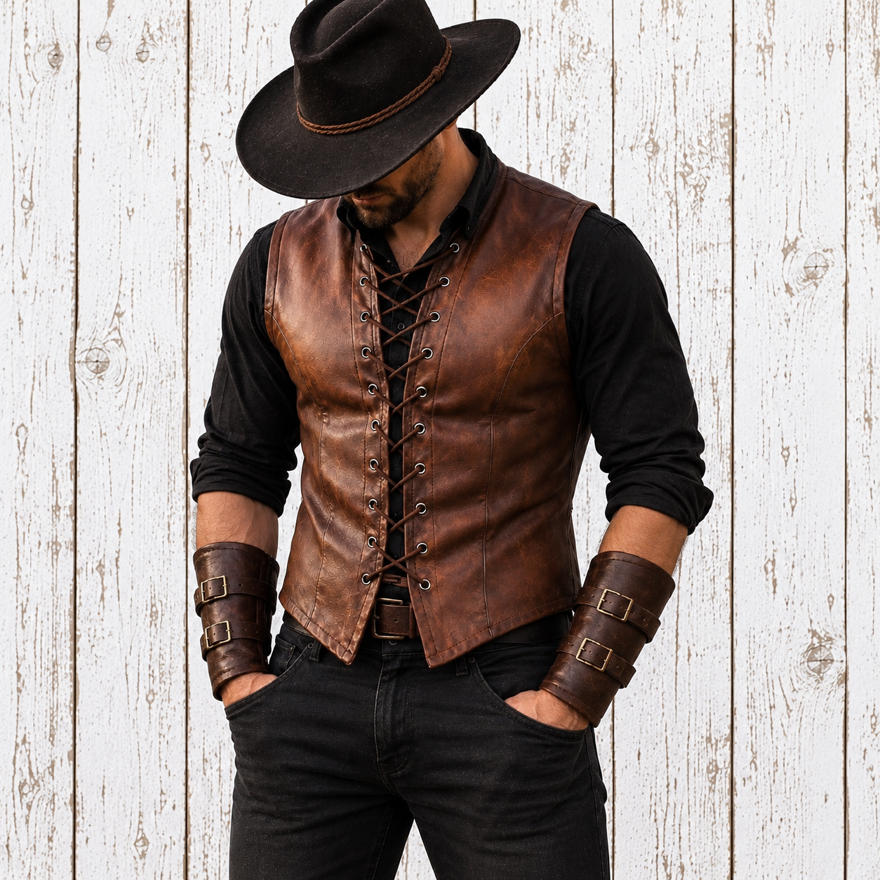 A man wearing a brown leather lace-up vest over a black long-sleeve shirt and black pants, with a black cowboy hat and matching brown leather wrist cuffs, standing against a white wood plank background.