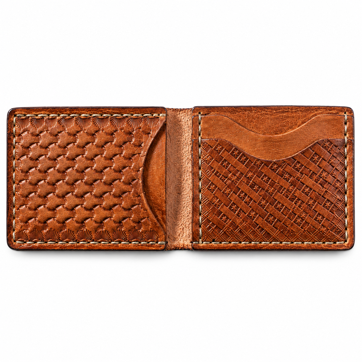 A brown leather bifold wallet shown open, featuring a textured embossed pattern on the left panel and a basketweave design on the right card slot panel, set against a plain white background.