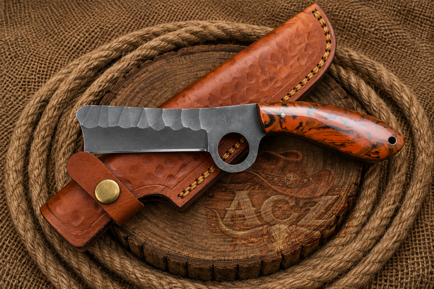 A fixed-blade knife with a hammered dark gray blade and an orange-brown marbled handle, displayed with a brown leather sheath on a wooden slice over a coiled rope and burlap background.