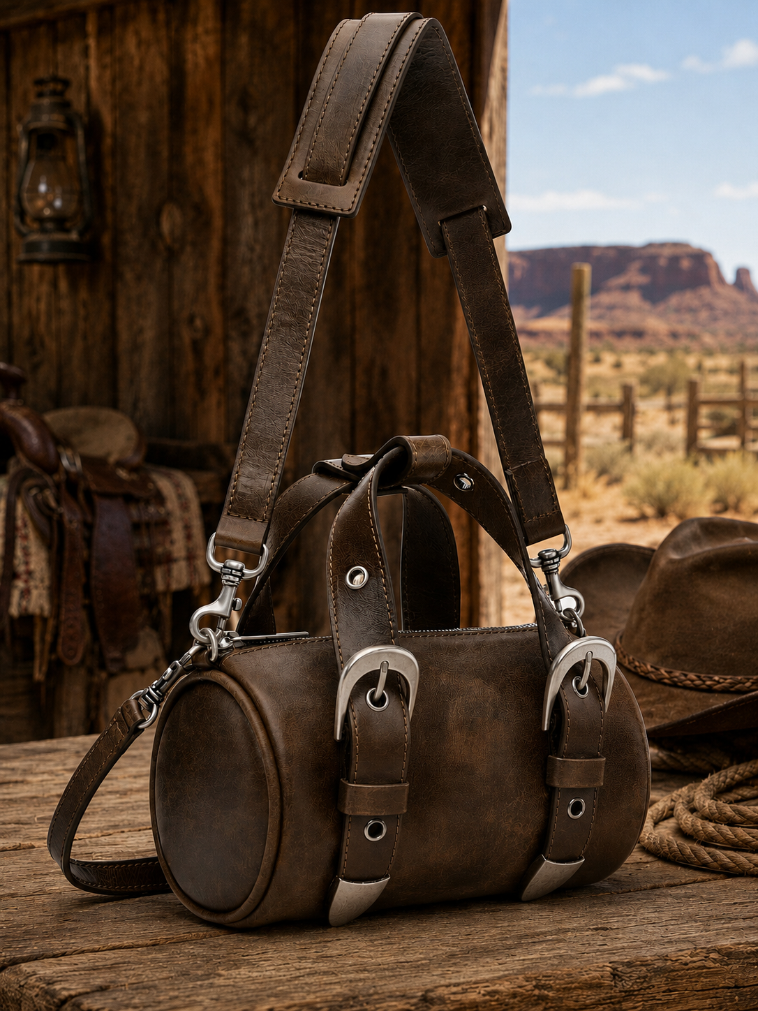 Handcrafted Rustic Leather Barrel Bag – Vintage Cowboy Style Crossbody Satchel