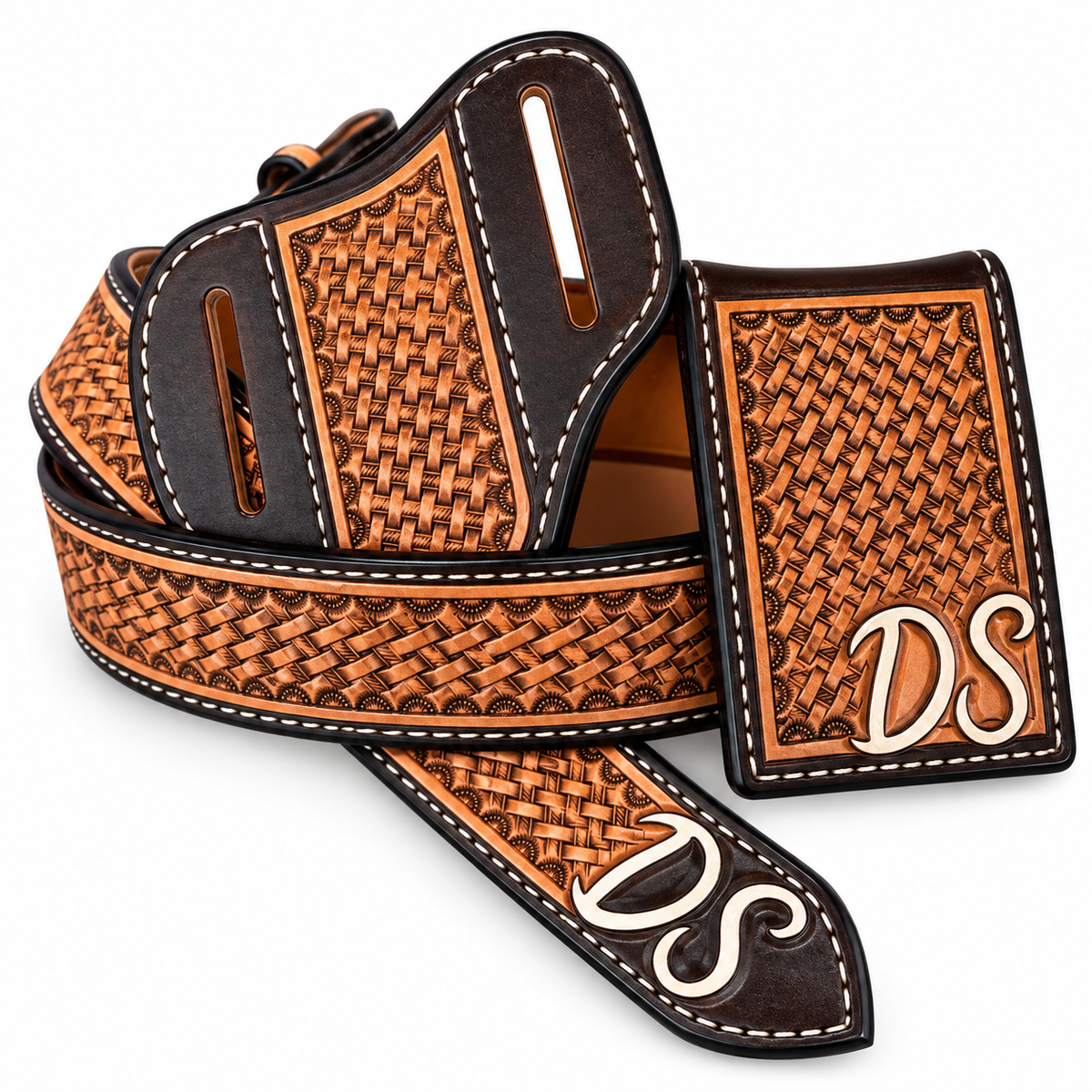 A western-style leather belt with a woven brown pattern, dark brown edges, white contrast stitching, and a matching belt buckle engraved with the initials 'DS' in silver.