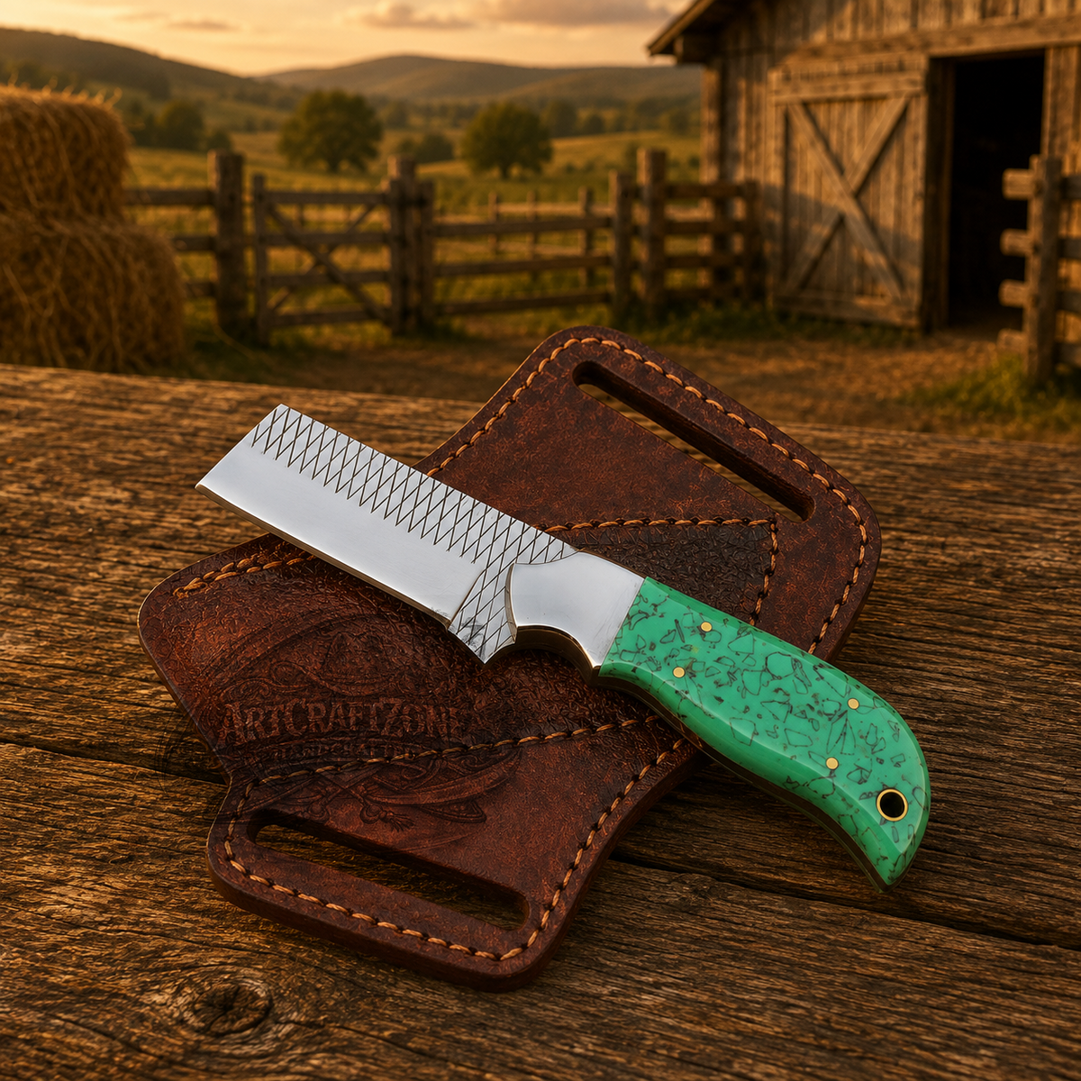 Handmade Cowboy Belt Knife – Rasp Steel Blade with Resin and steel Handle & Western Leather Sheath