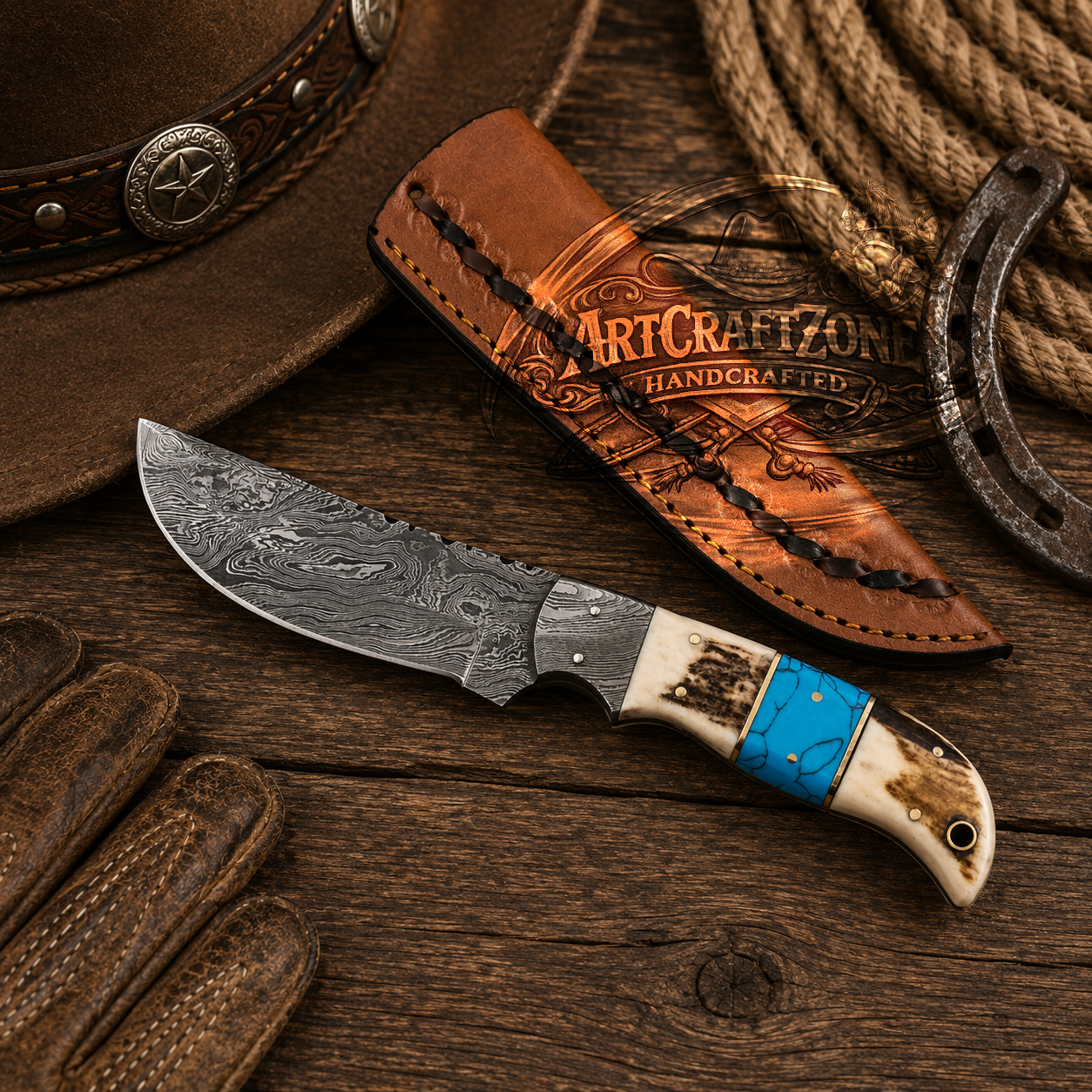 9" Handcrafted Damascus Steel Field Tool Antler & Turquoise Stone Handle - Leather Sheath