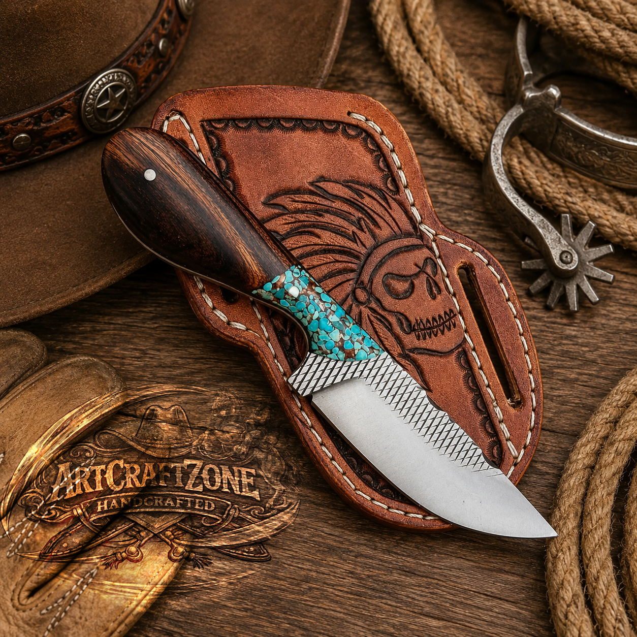 7" Handcrafted File Steel Rasp Field Tool Wood & Turquoise Handle - Leather Sheath