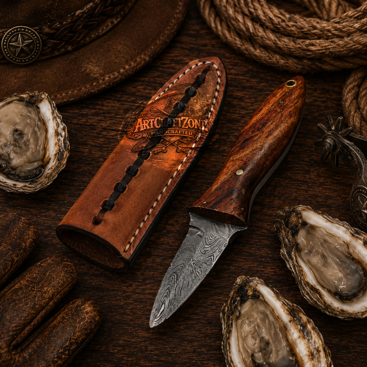Handcrafted 6" Oyster Tool Western Cowboy Field Work Tool with Leather Sheath