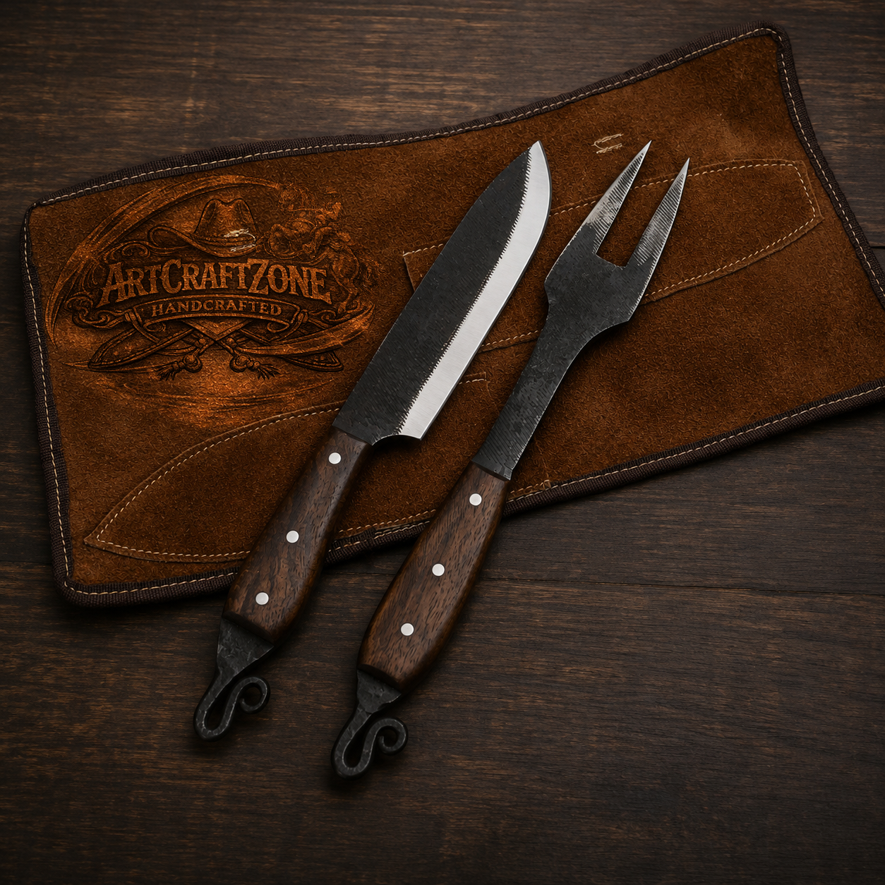 Handcrafted 12" Western Cowboy Carving Set Rasp File Steel Fork & Knife with Leather Kit