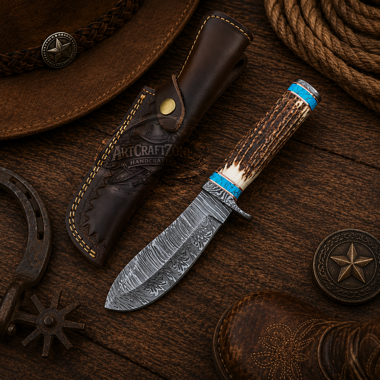 Handcrafted 10" Genuine Premium Damascus Steel Western Cowboy Field Work Tool with Leather Sheath