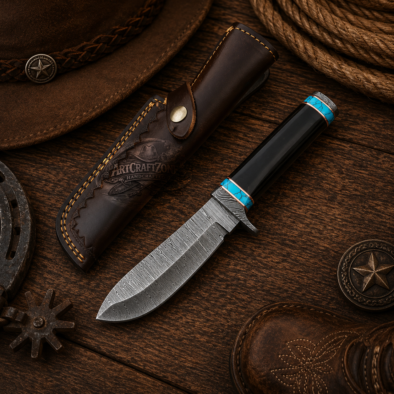 Handcrafted 10" Damascus Steel Western Cowboy Field Work Tool with Leather Sheath