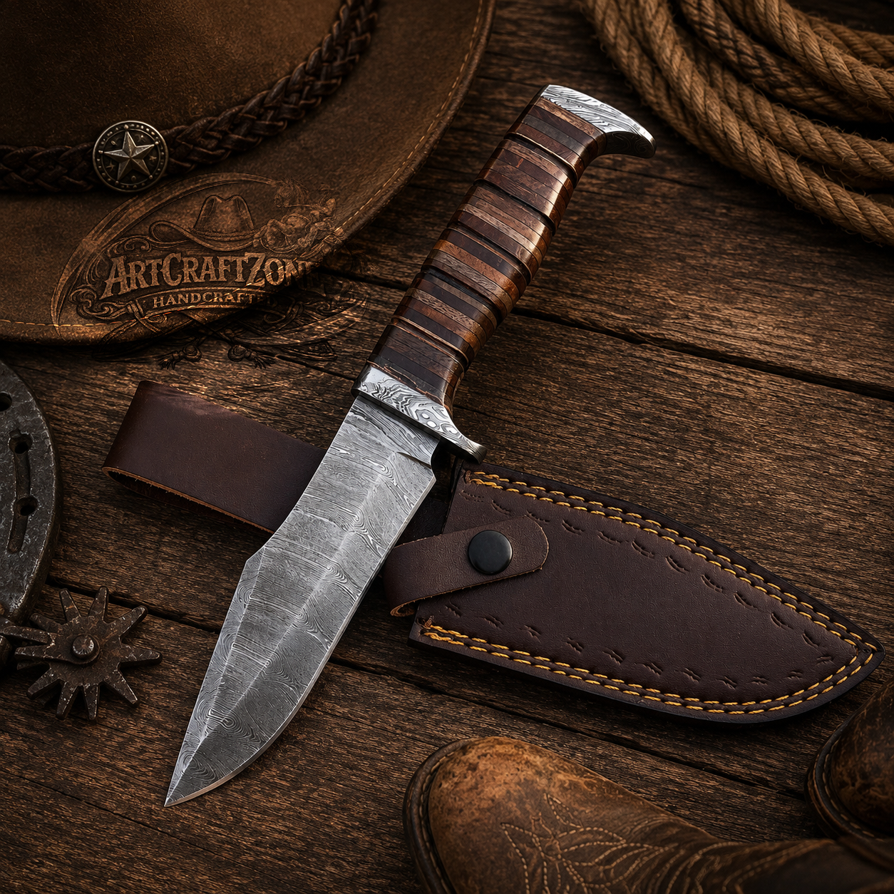Handcrafted 10.5" Damascus Steel Western Cowboy Field Work Tool with Leather Sheath
