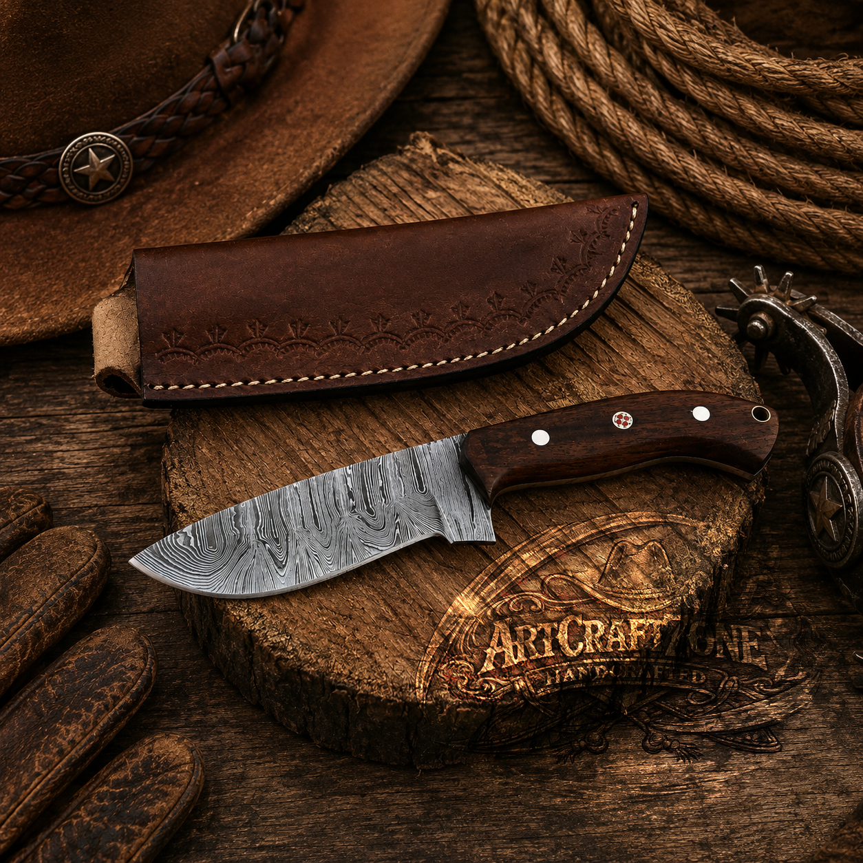 Handcrafted 8" Damascus Steel Western Cowboy Field Work Tool with Leather Sheath