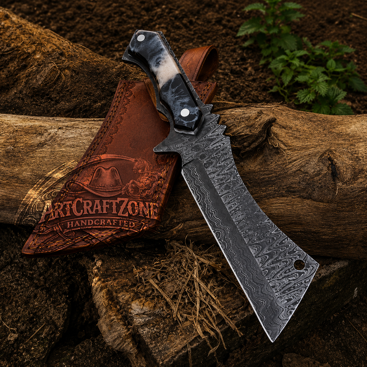Handcrafted 10" Damascus Steel Western Cowboy Field Work Tool with Leather Sheath