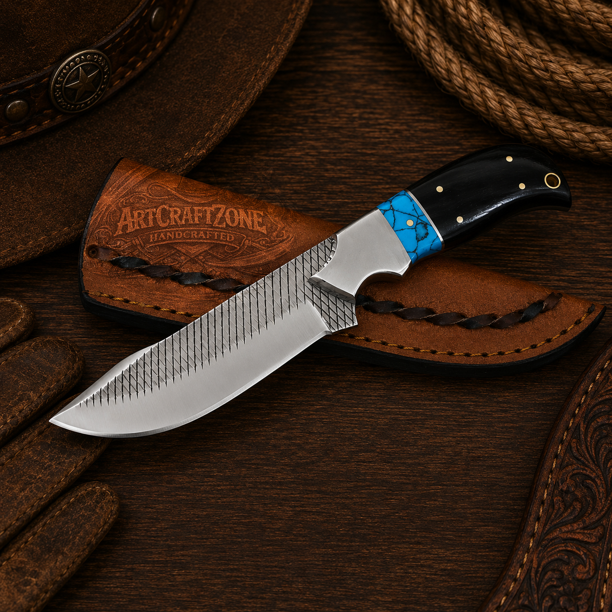 Handcrafted Western Rasp File Steel Farriery Blade 8" EDC Field Tool with Leather Sheath