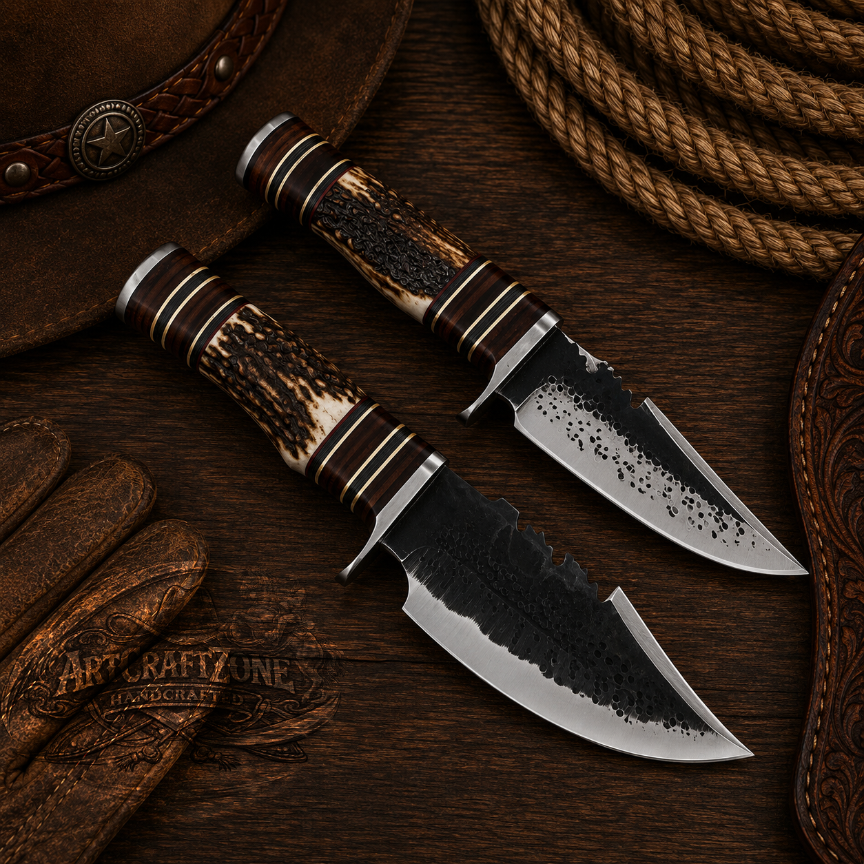 Handcrafted Pair Hand Forged High Carbon Steel Western Cowboy Field Work Tool with Leather Sheath