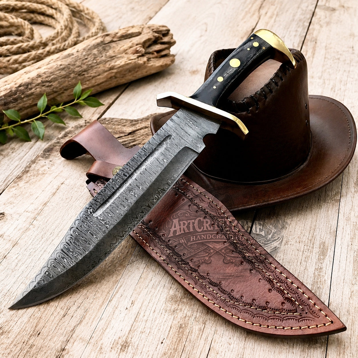 Handcrafted Bowie Knife Damascus Steel Black Dollar Sheet Brass Guard Pommel Western Cowboy with Leather Sheath