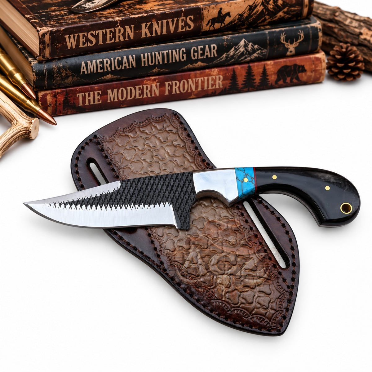 Western Cowboy Rasp Steel Knife – 8" Black Horn & Blue Stone Handle