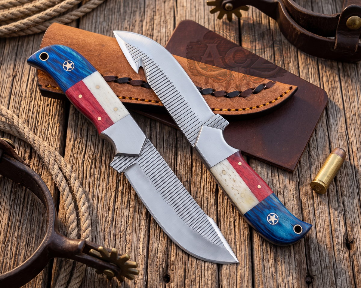 Two custom hunting knives with blue, red, and white handle scales are displayed on a rustic wooden surface alongside a brown leather sheath and western-themed props.
