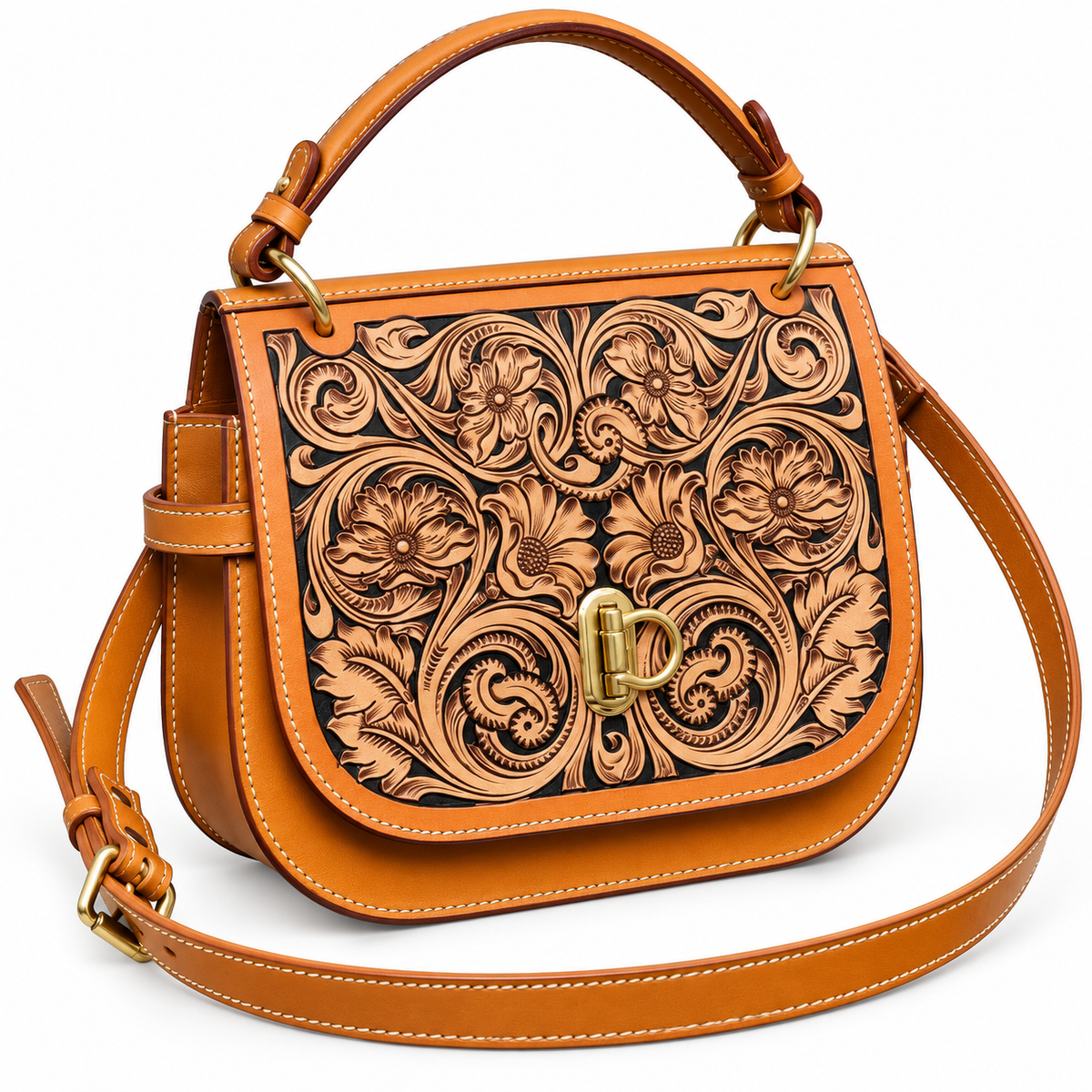 A tan leather handbag with an intricate floral tooled design on the front flap, featuring a gold-tone turn-lock clasp and a matching top handle, set against a plain white background.