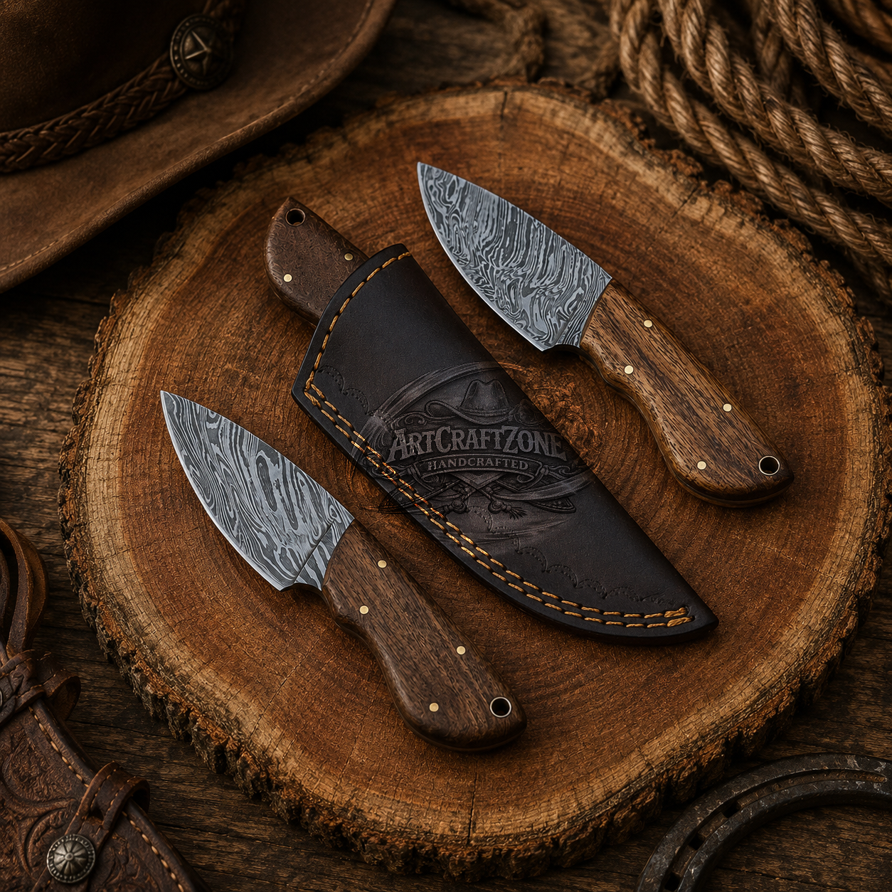 Handcrafted 7" Mini Skinning Premium Damascus Western Cowboy Field Work Tool Gift with Leather Sheath