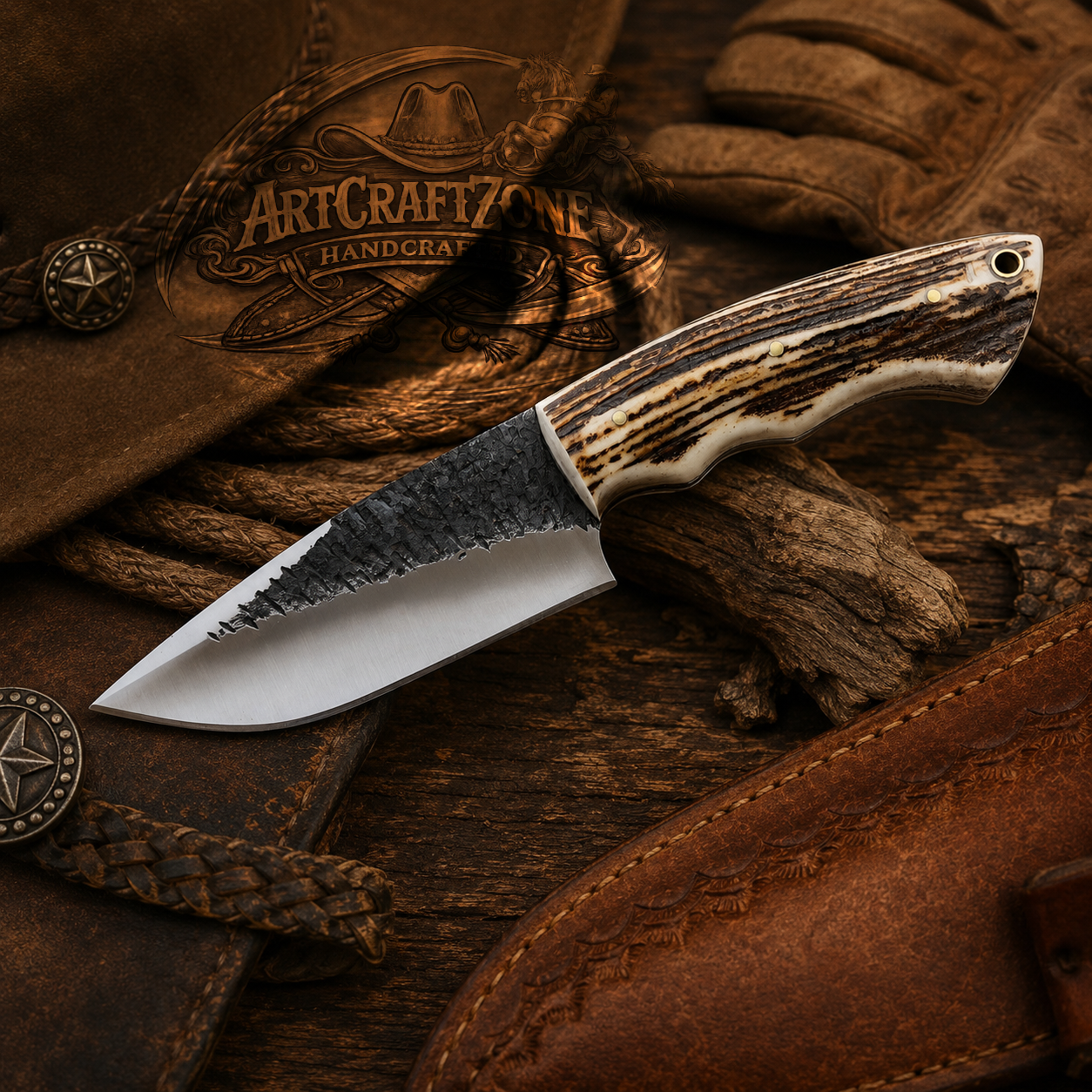 Handcrafted 8" Skinning 1095 High Carbon Steel Western Cowboy Field Work Tool with Leather Sheath