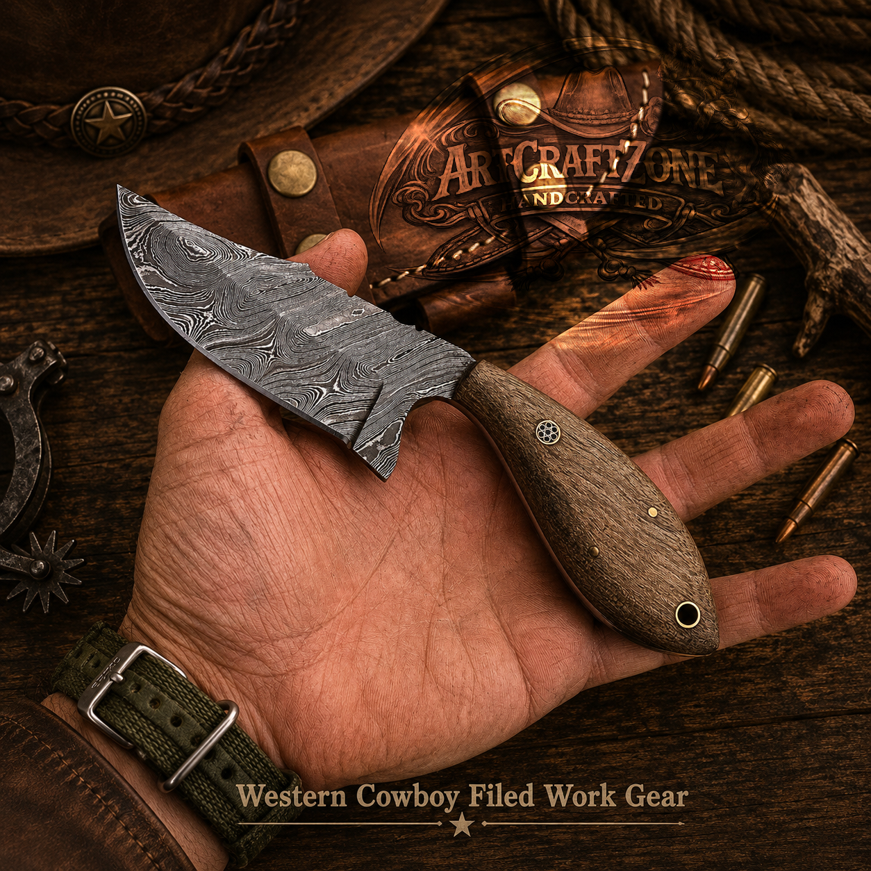 Handcrafted 8" Skinning Premium Damascus Western Cowboy Field Work Tool with Leather Sheath