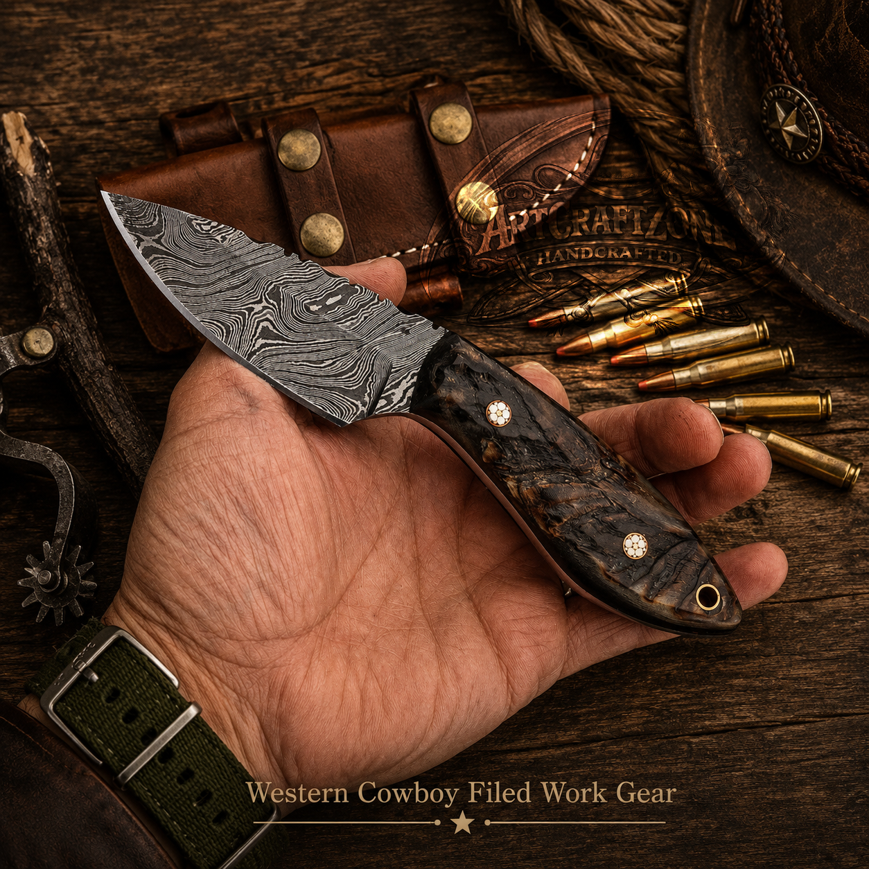Handcrafted 8" Skinning Premium Damascus Western Cowboy Field Work Tool with Leather Sheath