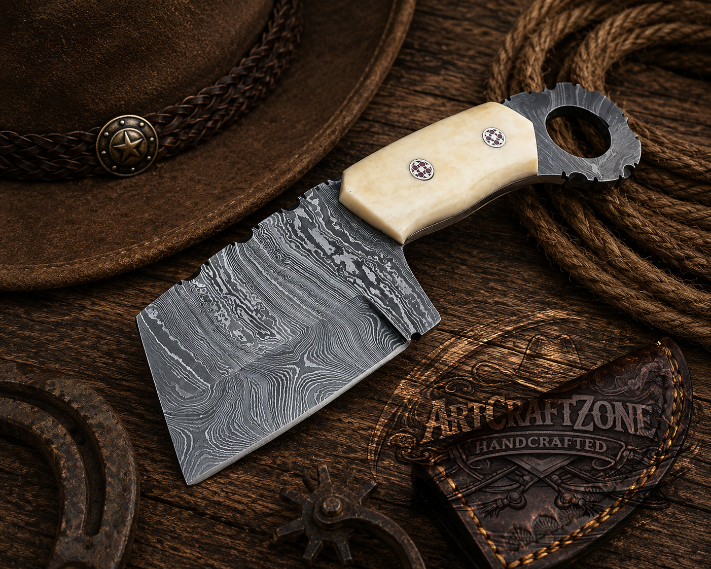 Handcrafted 8" Mini Outdoor Cleaver Premium Damascus Western Cowboy Field Work Tool with Leather Sheath