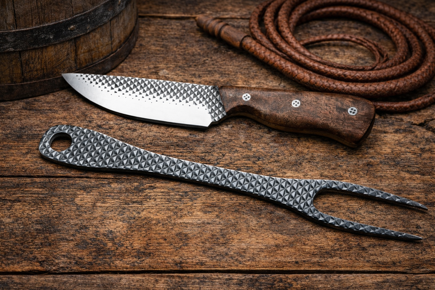 Handcrafted 10" Rasp Steel Western Cowboy Knife & Fork Set with Leather Sheath