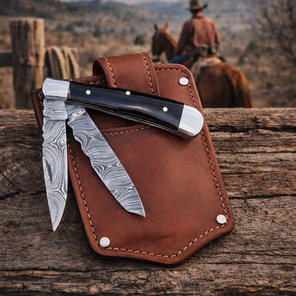 Handcrafted 7.5" Damascus Steel Double Blade Folding Western Cowboy Pocket With Leather Cover