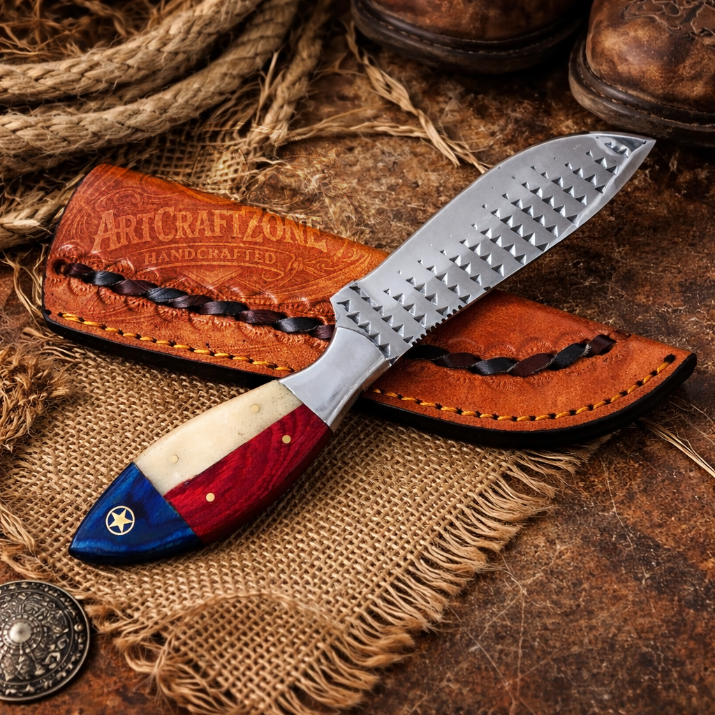 8" Handcrafted Rasp File Steel Field Tool Texas Flag Handle - Leather Sheath