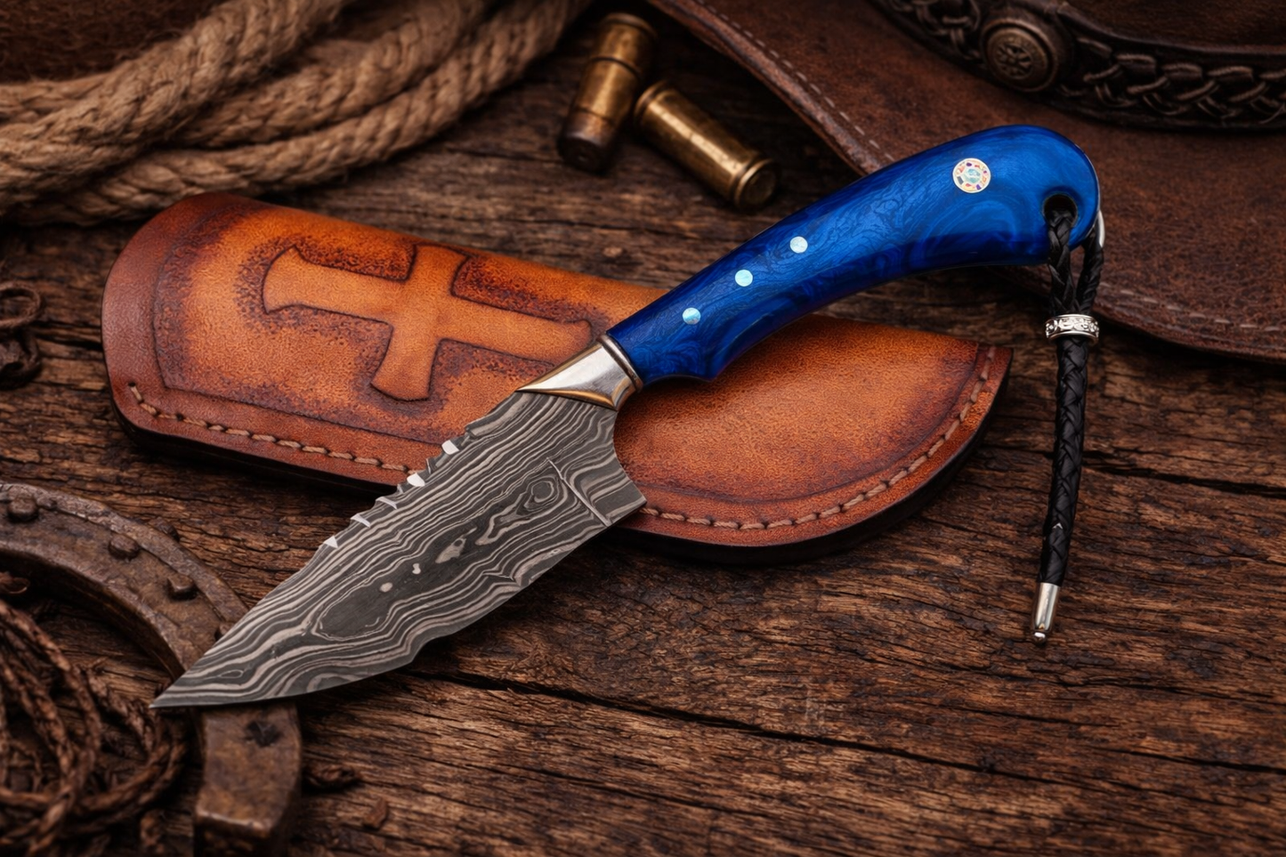 Handcrafted 8" Damascus Steel Field Work Western Cowboy Tool with Leather Sheath