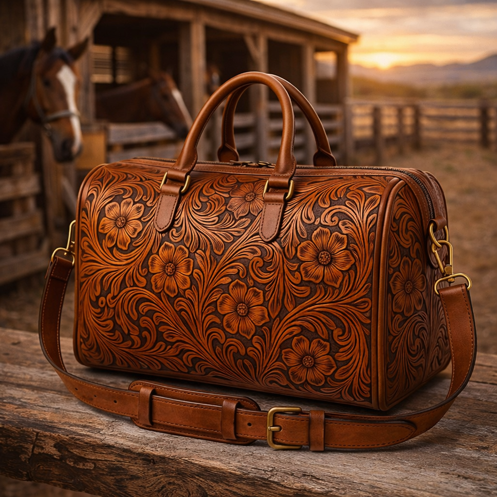 Premium Hand-Tooled Western Leather Duffle Bag - Handcrafted Travel Weekender Bag