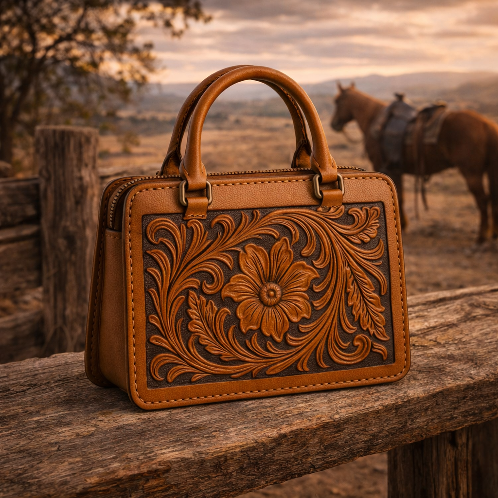 Premium Hand-Tooled Western Leather Handbag with Handles - Handcrafted Ladies Tote Bag