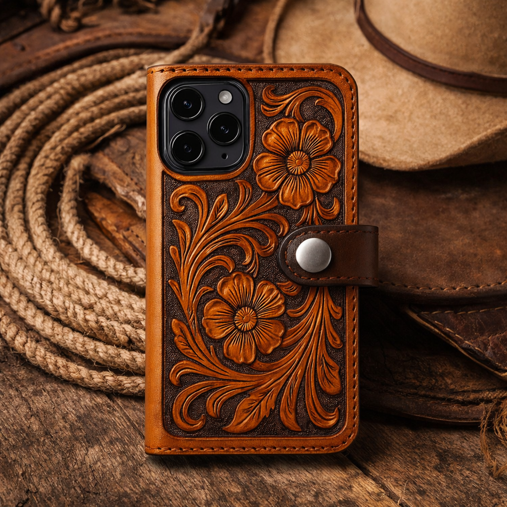 Premium Hand-Tooled Western Leather iPhone Case - Handcrafted Phone Cover