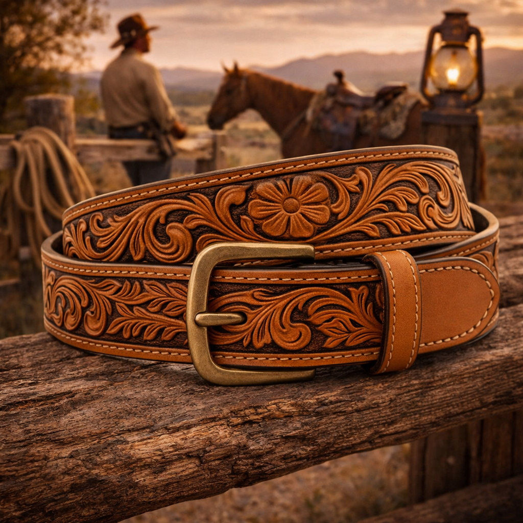 Classic Hand-Tooled Western Leather Belt with Simple Brass Buckle - Handcrafted Cowboy Style