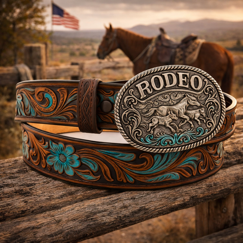 Premium Hand-Tooled Brown & Blue Leather Belt with Silver Horse Buckle - Handcrafted Western Cowboy Style