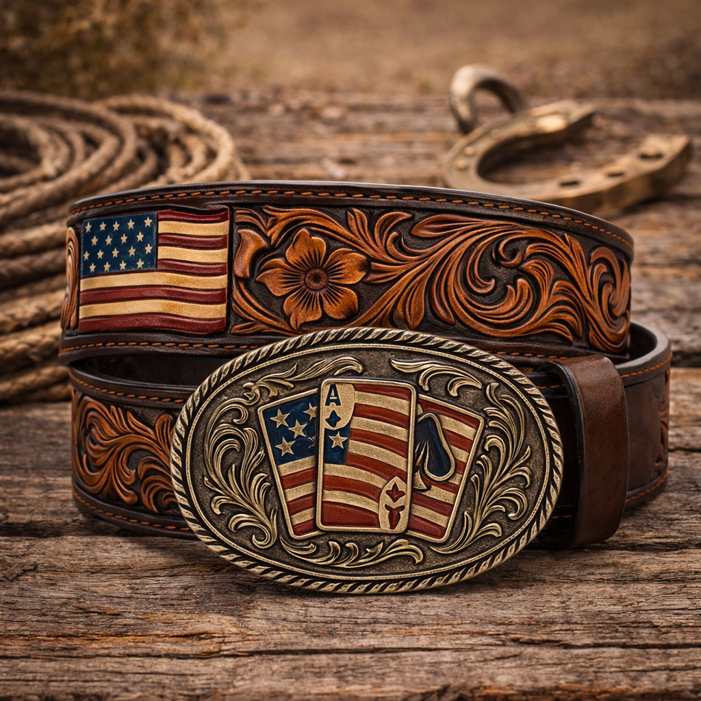 Premium Hand-Tooled Leather Belt with American Flag Card Brass Buckle - Handcrafted Western Cowboy Style