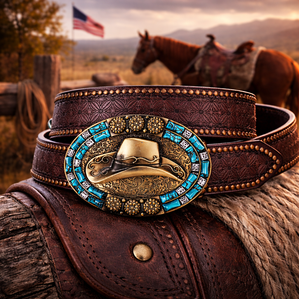 Premium Hand-Tooled Chocolate Leather Belt with Brass Cowboy Hat Buckle - Handcrafted Western Style
