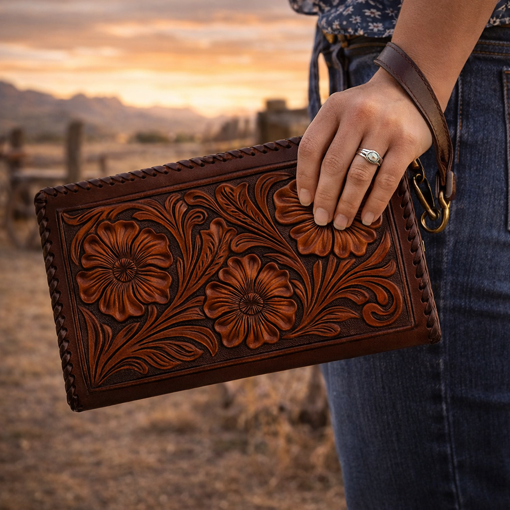 Premium Hand-Tooled Western Leather Clutch Bag - Handcrafted Ladies Purse