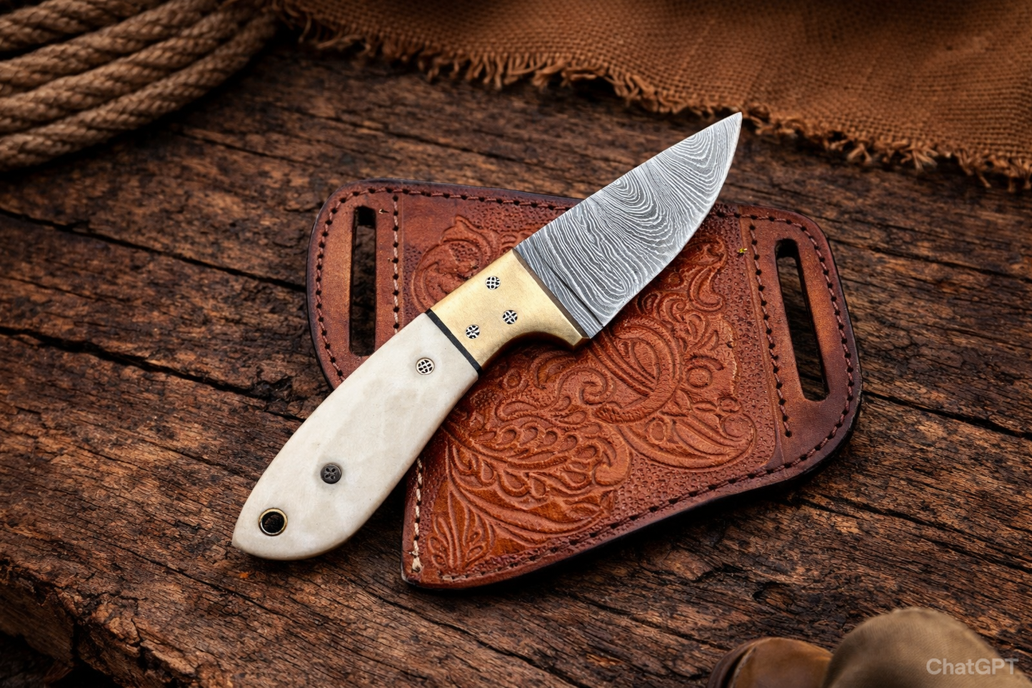 Handcrafted Cowboy Damascus Steel Working Field Tool with Bone Handle & Western Leather Sheath 7" Overall
