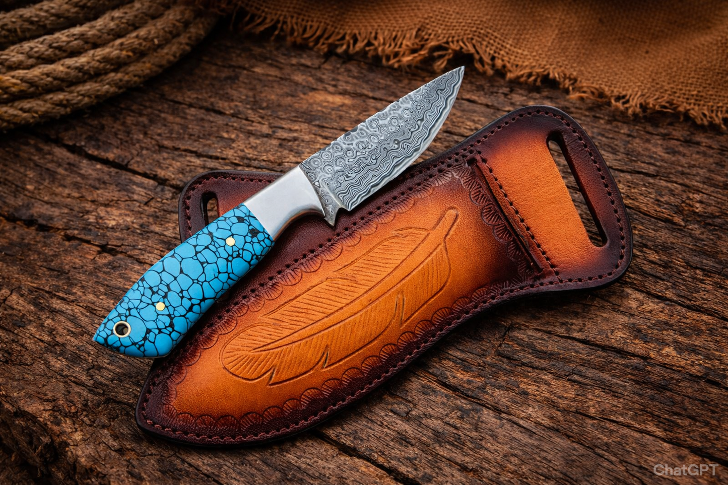 Handcrafted Cowboy Damascus Steel Working Field 3" Cutting Tool with Western Leather Sheath