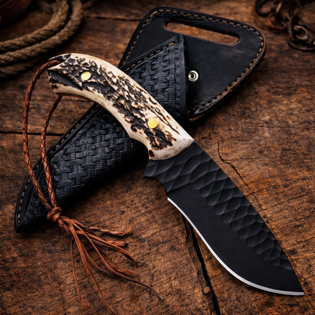 Handcrafted Cowboy Black Skinner with Antler Handle & Western Leather Sheath