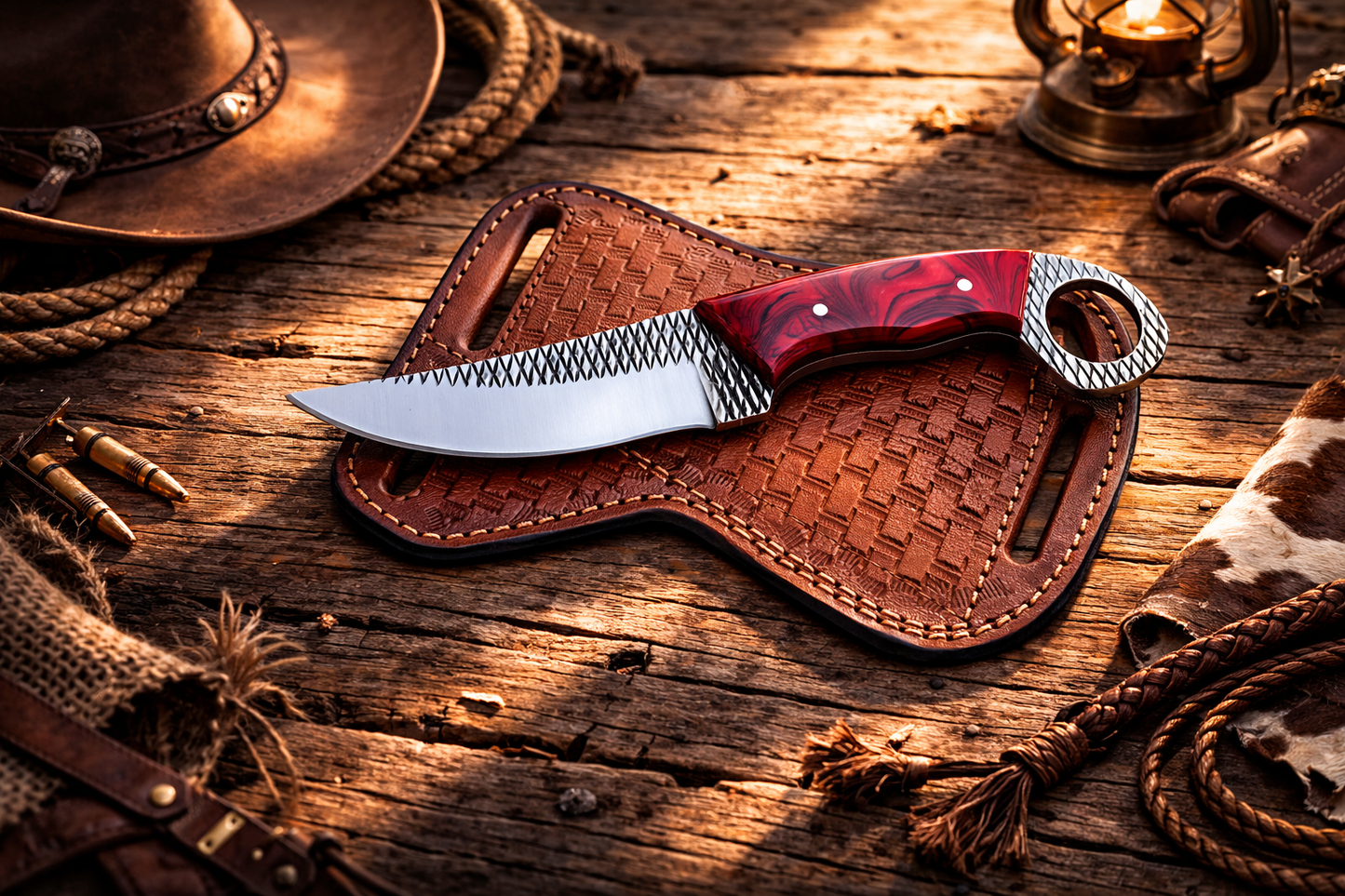 Handcrafted Cowboy Rasp File Steel Skinning with Resin & Western Leather Sheath