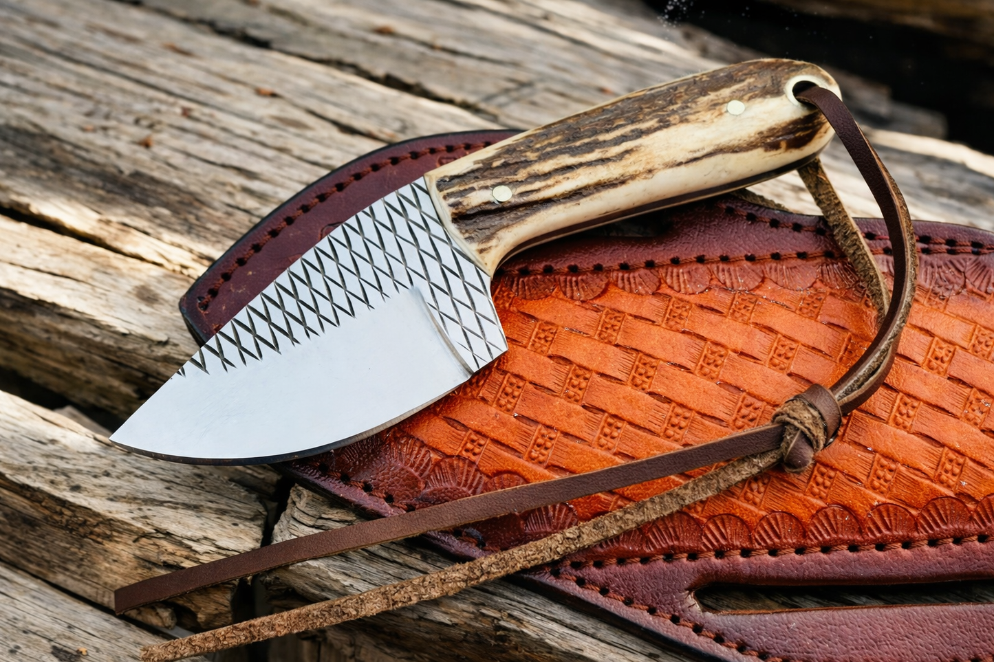 Handcrafted Cowboy Rasp File Steel Skinner with Antler & Western Leather Sheath