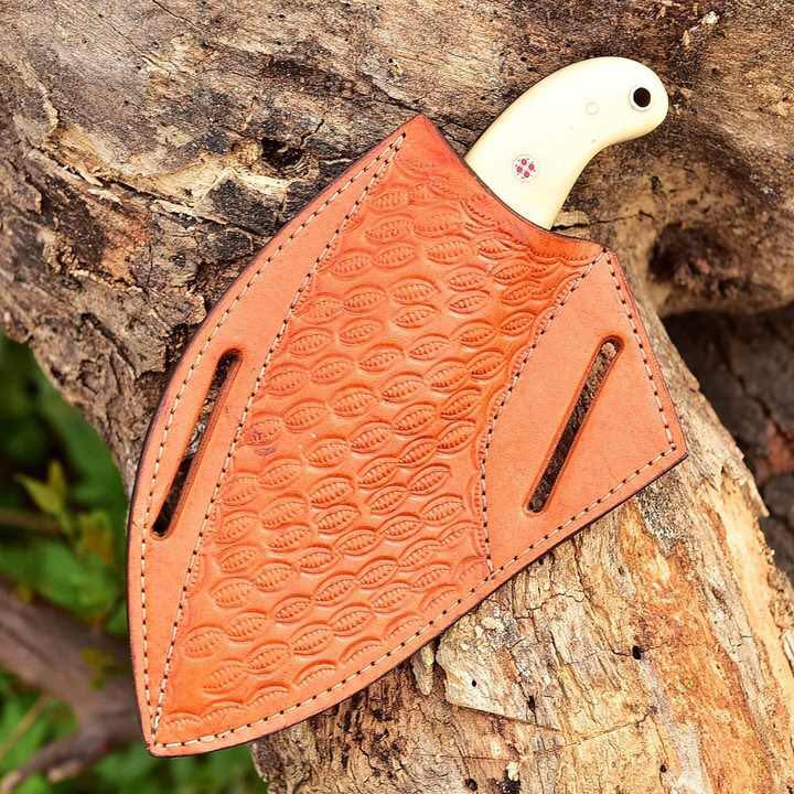 7" Handcrafted Rasp Steel Field Tool Bone & Wood Handle - Leather Sheath