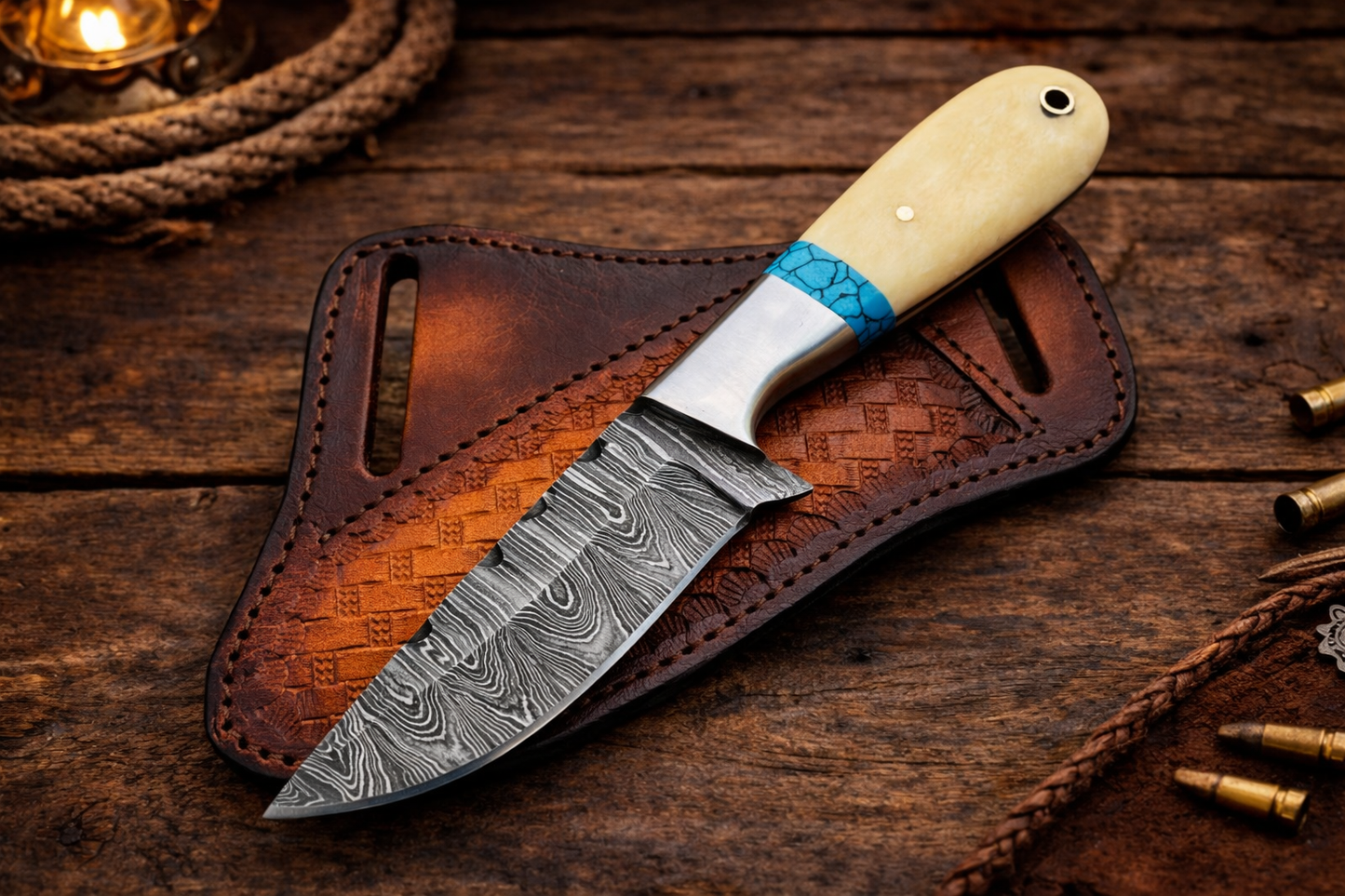 7" Handcrafted Damascus Steel Field Tool Bone & Turquoise Handle - Leather Sheath